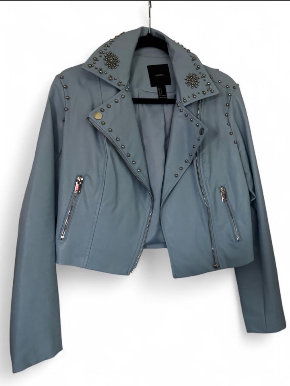 Forever 21 Dusty Blue Studded Cropped Moto Jacket